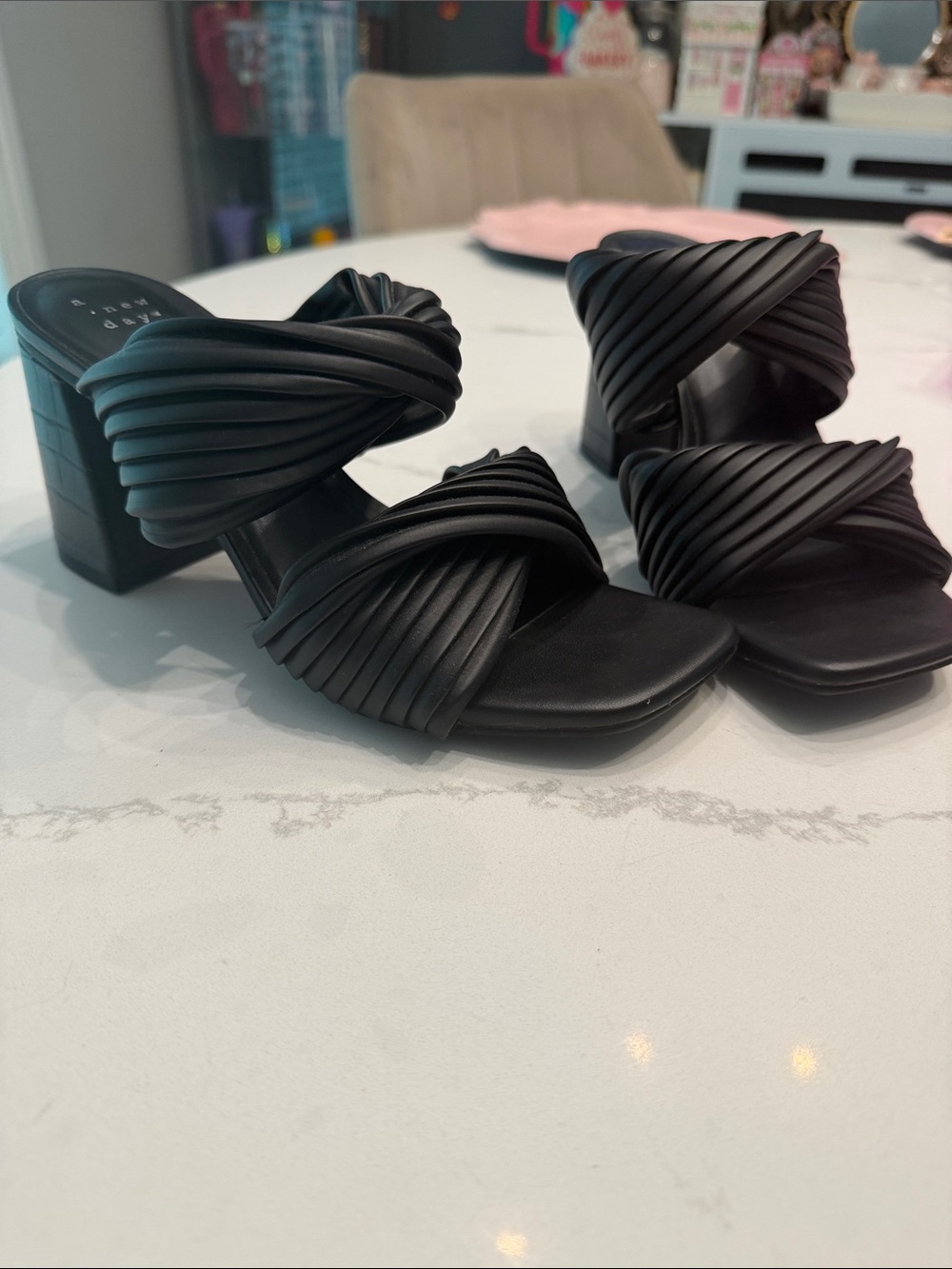 Bauer Black Twisted Strap Block Heel Mules